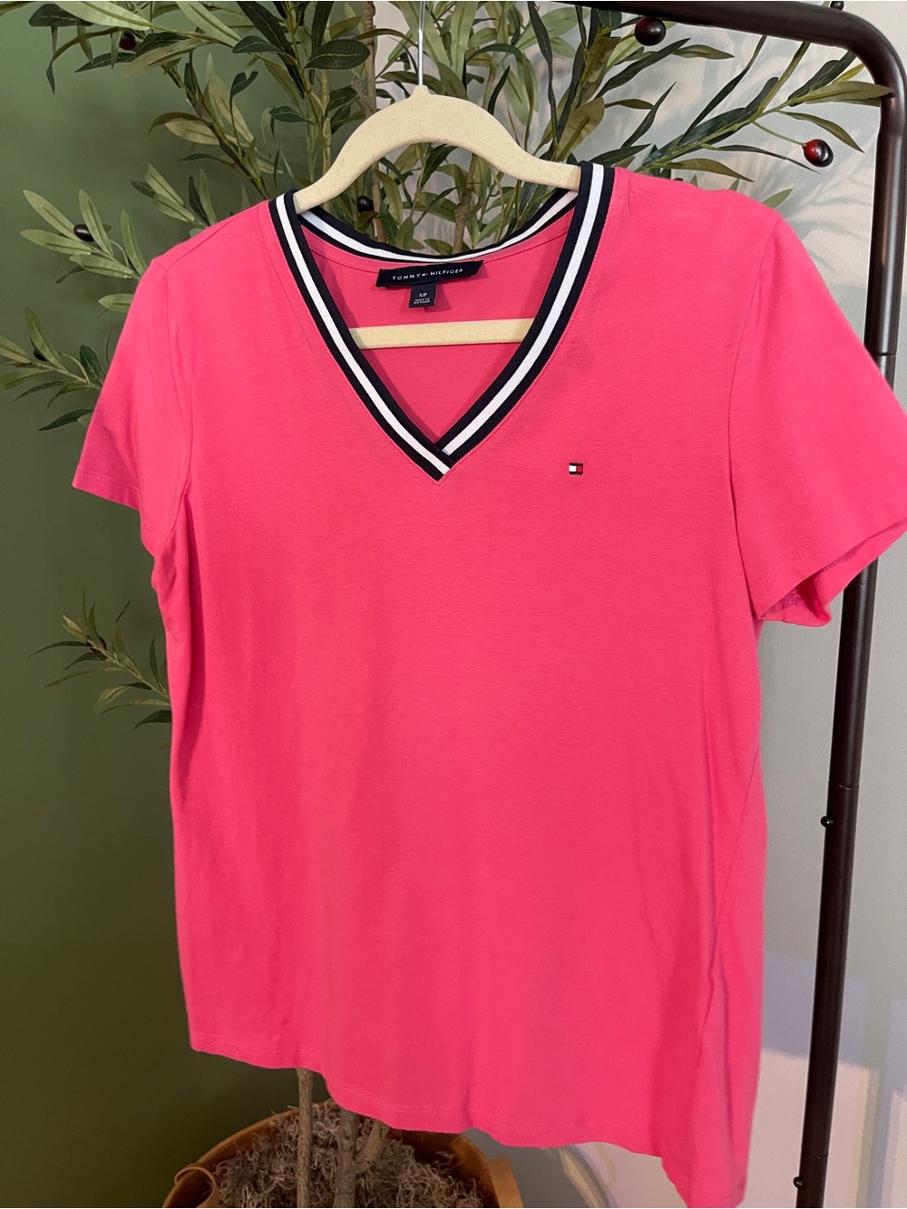 Tommy Hilfiger Hot Pink V-Neck Tee with Striped Trim